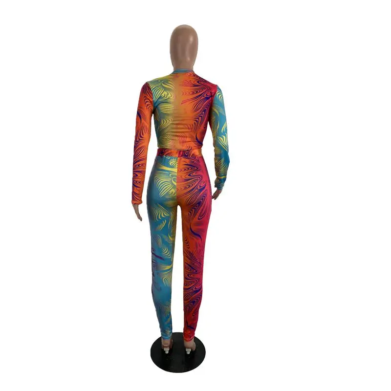 

ZKYZWX Sexy Gradient Print 2 Piece Set Women New Summer Club Outfits Tracksuit Crop Top Pant Sweat Suits Two Piece Matching Sets