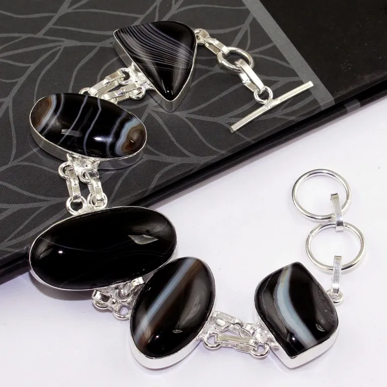 

Botswana Agatte Bracelet Silver Overlay over Copper , 20.2cm, B0023