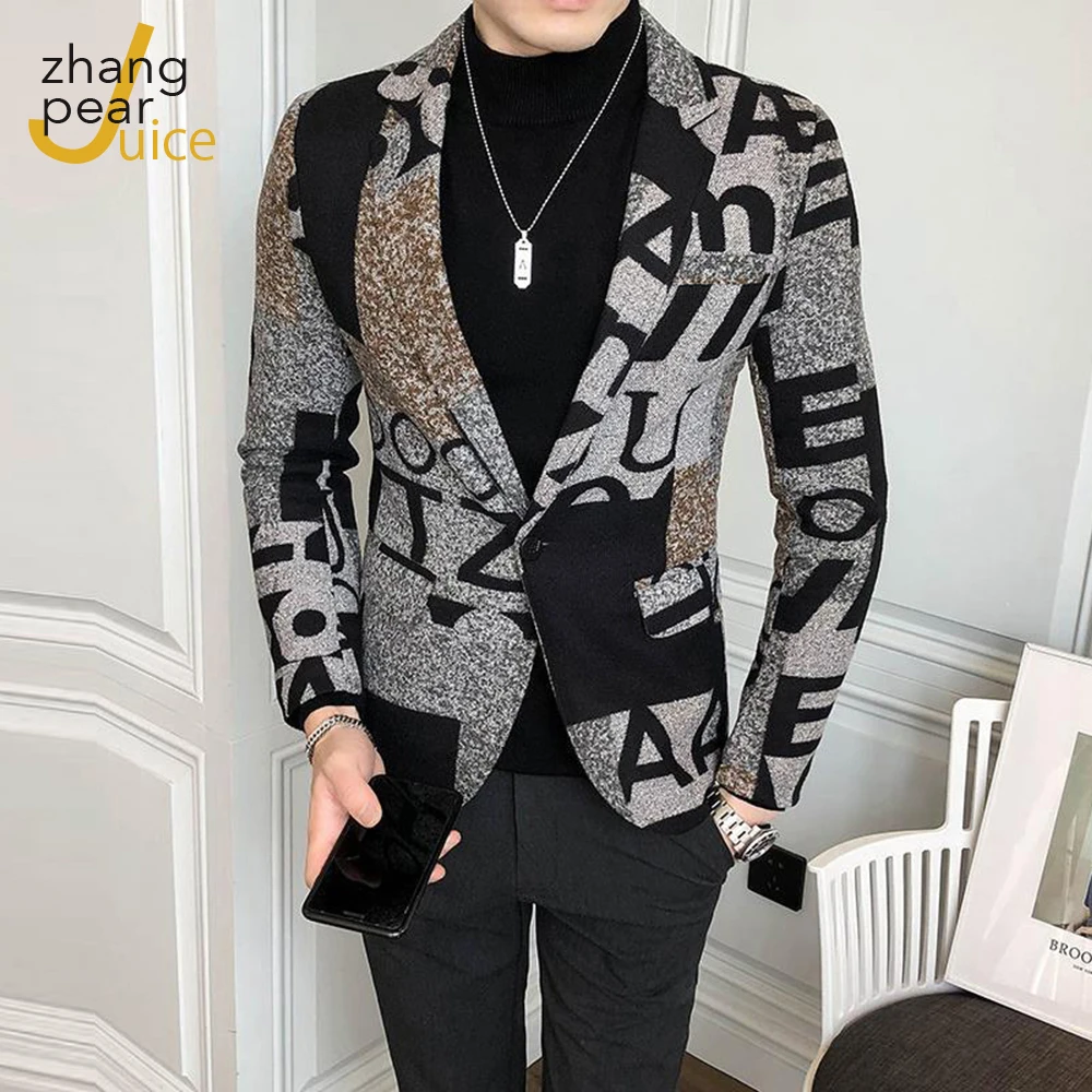

Letter Print Tweed Blazer Jacket Men Casual Long Sleeve Blazer Jacket Slim Fit Party Prom Club Pattern Blazer Coat Homme