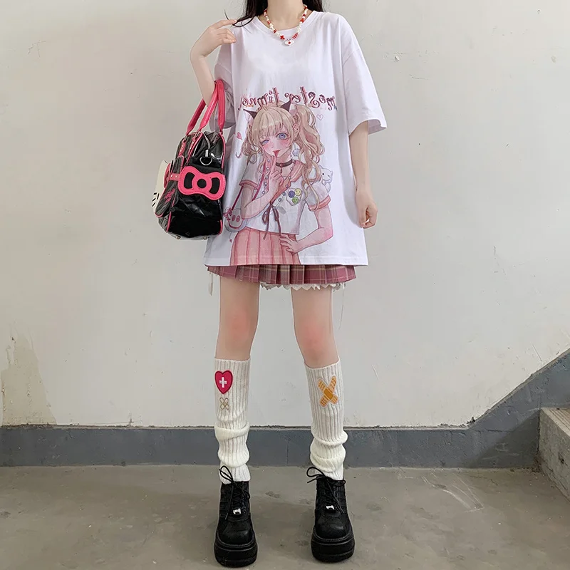 

WHOHOLL ACG Cartoon Girl Print T-shirts For Women Sweet Harajuku Short Sleeve Loose O-Neck JK Cartoon T-shirt Men