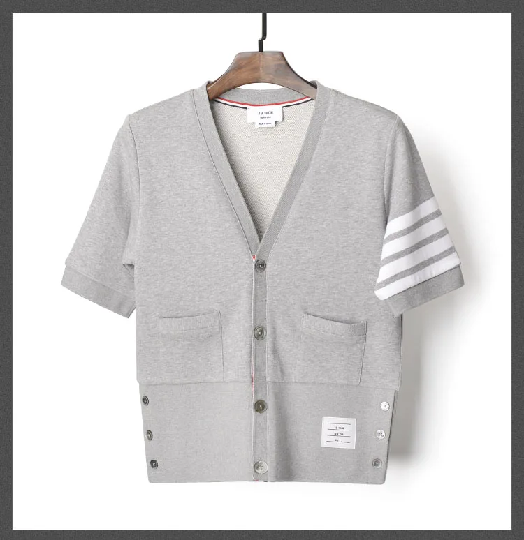 

2021 Fashion TB Brand T-Shirt Men Short Striped Casual Clothing Summer V-neck Cotton Personality Coat