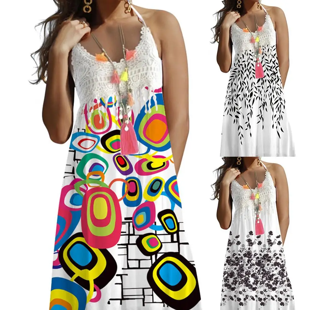 Женское платье модное вязаное крючком кружевное длинное на бретелях с принтом