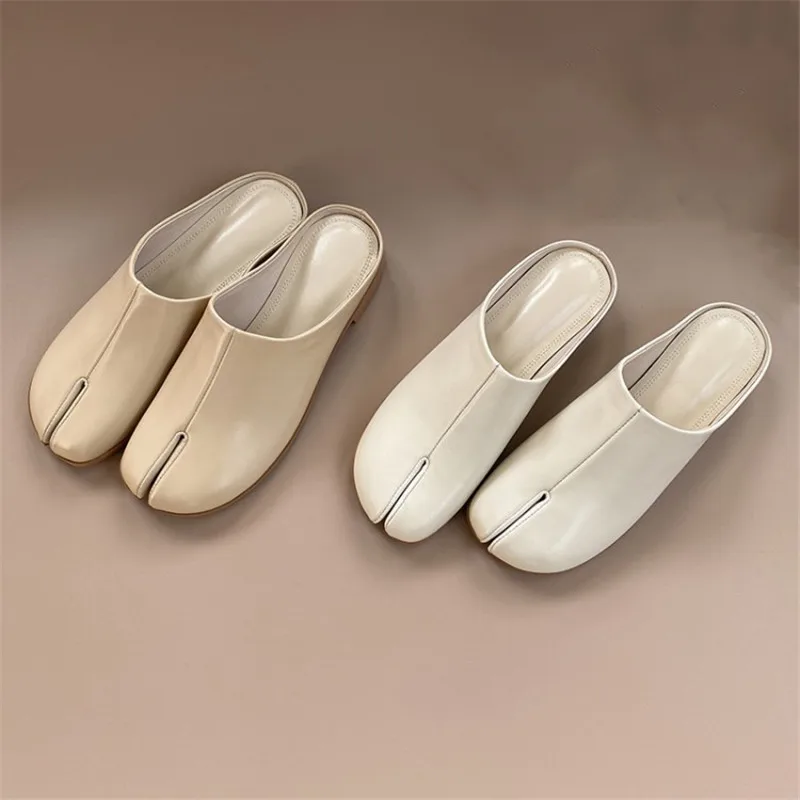 PXELENA Ins Luxury Split Toe Slides Women Full Genuine Leather Pig Feet Summer Slippers Flat Comfort Tabi Ninja Shoes Lady Mules | Обувь