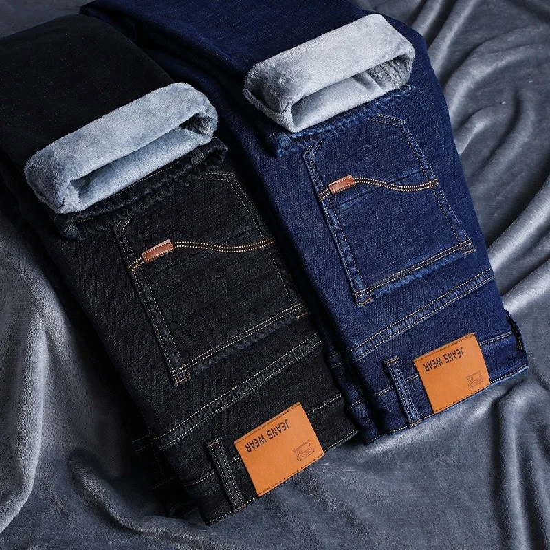 

SHZQ Winter Thermal Warm Flannel Stretch Jeans Mens Winter Quality Famous Brand Fleece Pants Men Straight Flocking Trousers Jean