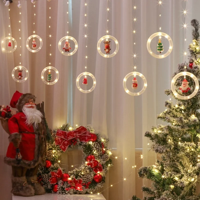 

Christmas Santa Claus Elk Bell Snowman LED Fairy String Lights Christmas Gifts New Year Party Curtain Decoration Lighting