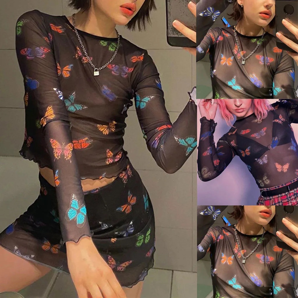 Женская летняя прозрачная сетчатая рубашка с принтом бабочки Модная приталенная