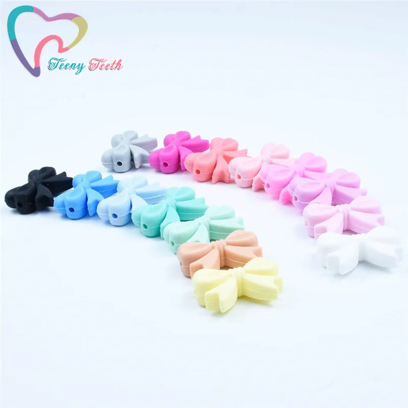 Pajarita de silicona para beb&eacute;, 5 uds., cuentas sueltas, juguetes de dentici&oacute;n masticables para beb&eacute;, accesorios de lactancia, collar DIY, fabricaci&oacute;n de joyas-1