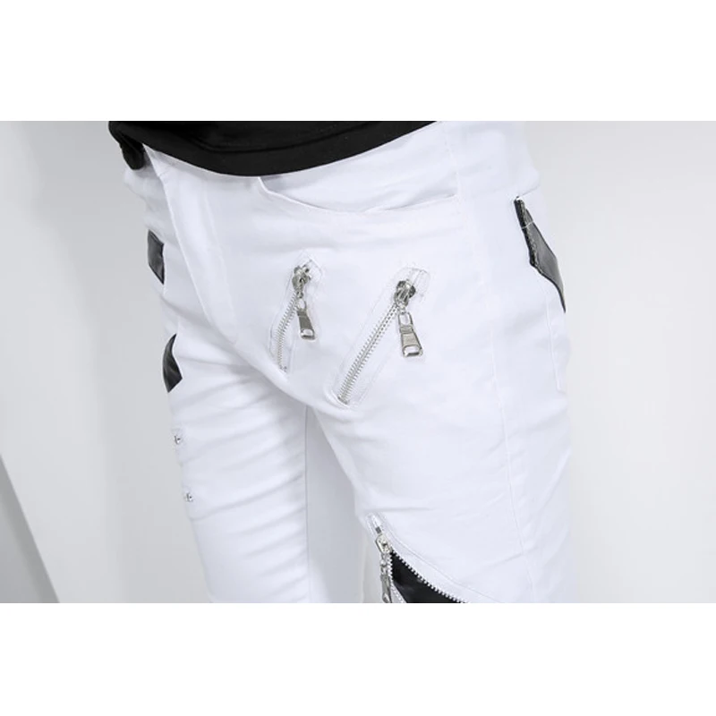 Hip Hop Jeans for Men Streetwear Fashion Patchwork Punk Gothic Party Stage Multi Zippers Skinny Black Leather Pants Designer | Мужская