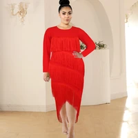 plus size tassel dresses women o neck long sleeve irregular fringe office lady evening birthday party event gowns outfits autumn