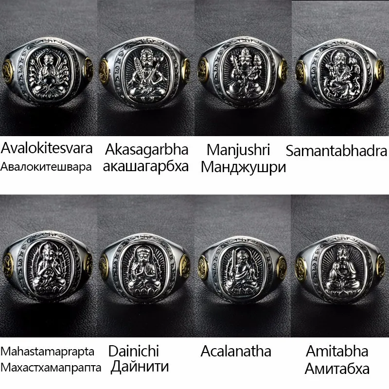 ZABRA Buddha Real 925 Silver Rings For Women Men Chinese Zodiac Patron Saint Vintage Mens Signet Ring Adjustable Biker Jewelry