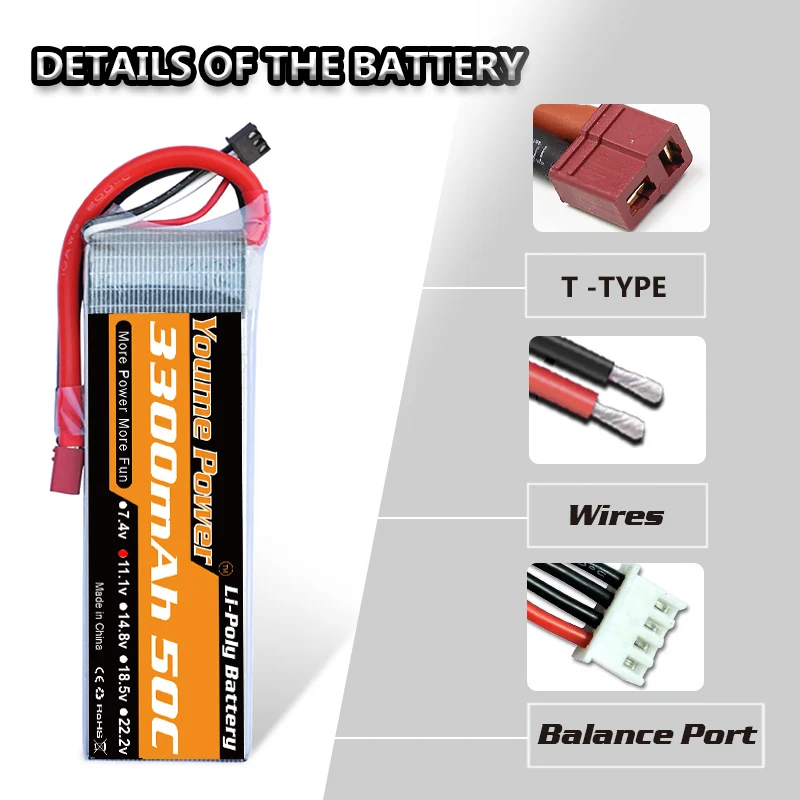 Youme-bater&iacute;a Lipo 3S de 11,1 V, 6200mAh, 6500mAh, 3300mAh, 4500mAh, 5200mAh, carcasa dura 50C 60C, enchufe Deans para TRAXXAS 1:10, coche, barco, Dron-2