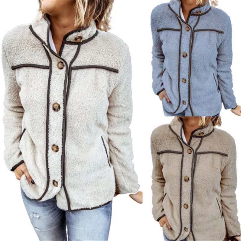 

Women Fur collar fleece fashion stand collar button coat Winter Women Warm Jackets