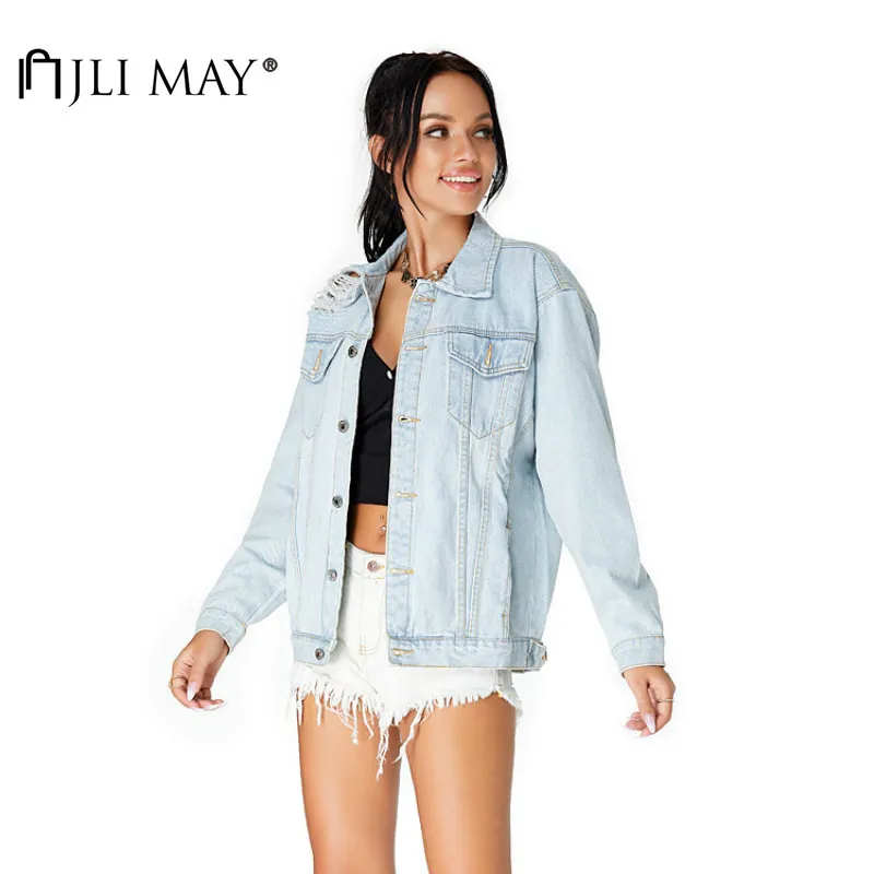 

JLI MAY Women Hole Denim Jacket Cotton Turn-down Collar Single Breasted Long Sleeve Pockets Vintage Jackets Streetwear