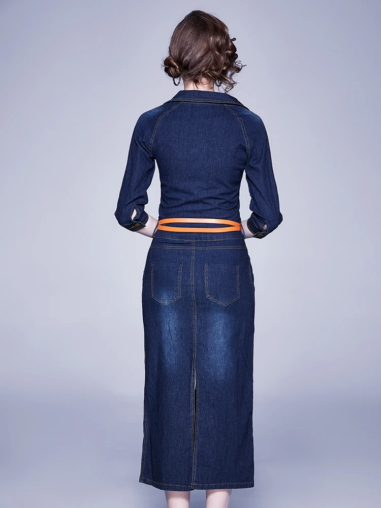 

Simgent Suit Collar Denim Dress Women Spring Half Sleeve Belted Pockets Midi Dress Vestidos Woman Clothing SG004023