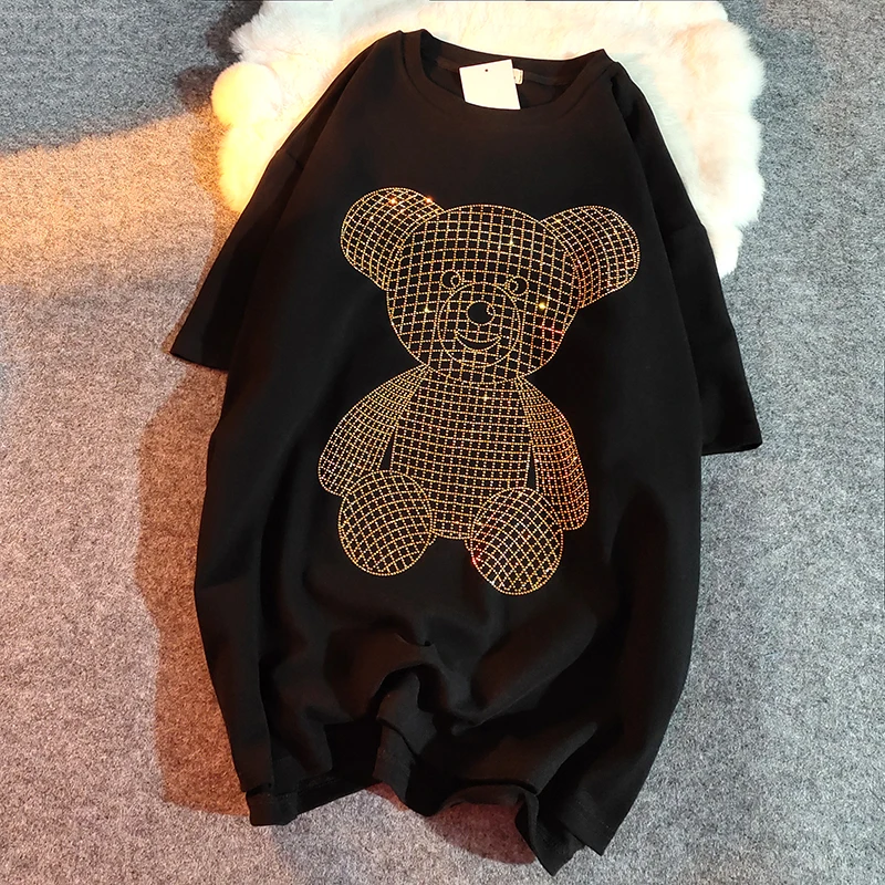 

2021 Diamond Beading Bear Women T-shirt Harajuku Oversize Short-Sleeved HIp HopTee Women Cotton Loose Crystal Korean Female Tops