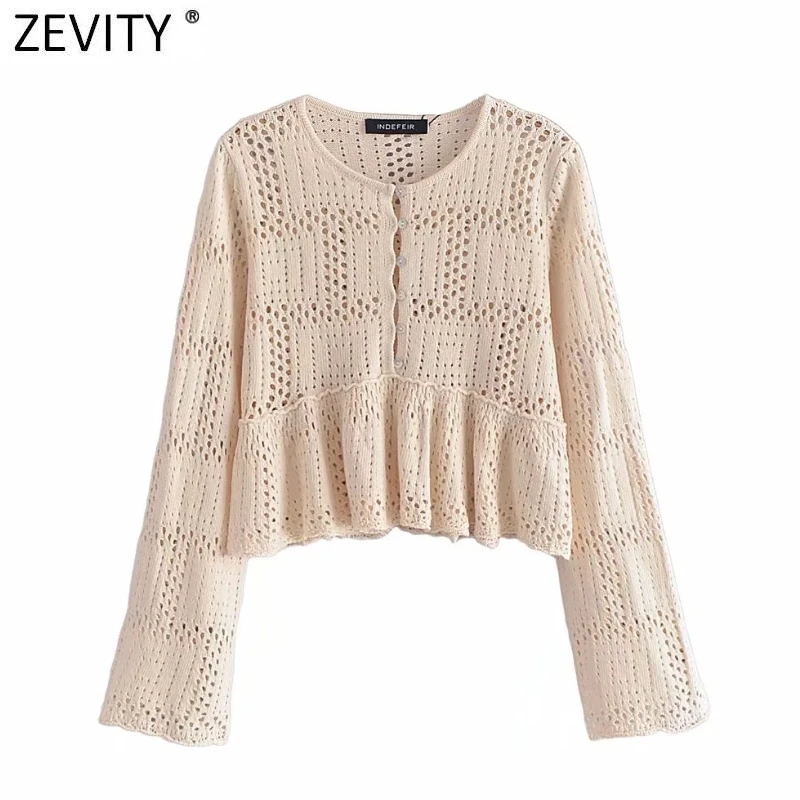 

Zevity Women Fashion O Neck Button Up Hollow Out Crochet Knitted Short Sweater Female Chic Patchwork Hem Ruffles Coat Tops SW882