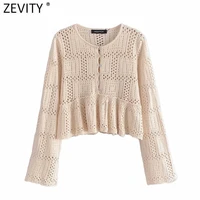zevity women fashion o neck button up hollow out crochet knitted short sweater female chic patchwork hem ruffles coat tops sw882
