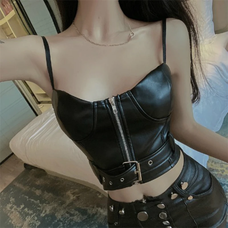 

Camis For Women Tank Top Women Sexy Strap Leather Vest Sweet Woman Crop Top Black Vest With A Zipper