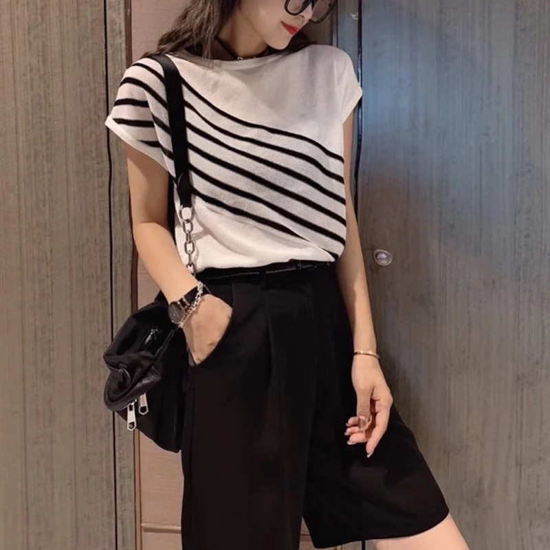

European Station Summer T-shirt Women's New Pullover Stripe Loose Short-Sleeved Ice Silk Knitted Bottoming Shirt Gentle Top
