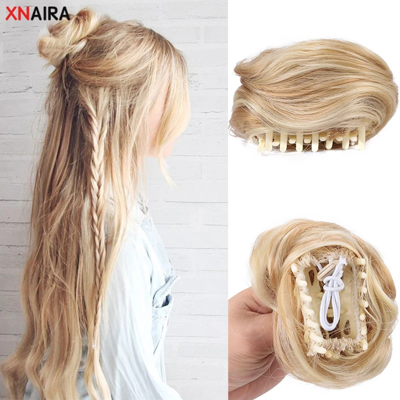 XNaira Synthetic Claw Clip Bun Bun Curly Clip Heat Resistant Women's Hair Blonde White Black Bun Wig images - 6