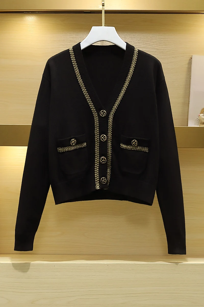 

Changeable girlfriend spring and summer small fragrance color matching V-neck versatile knitting cardigan temperament show thin