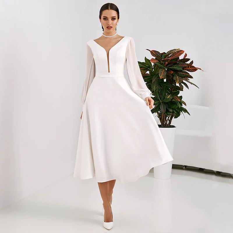 

Robes De Mariée Luxury Matte Soft Satin A Line Wedding Dresses Lantern Sleeve French Sweetheart Bridal Gowns V Neck Backless