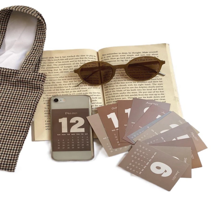 

12 Sheets Morandi Brown 2021 Calendar Postcard Mini Cards Set Office DIY Desktop Wall Mobile Phone Decorative Card Photo Props