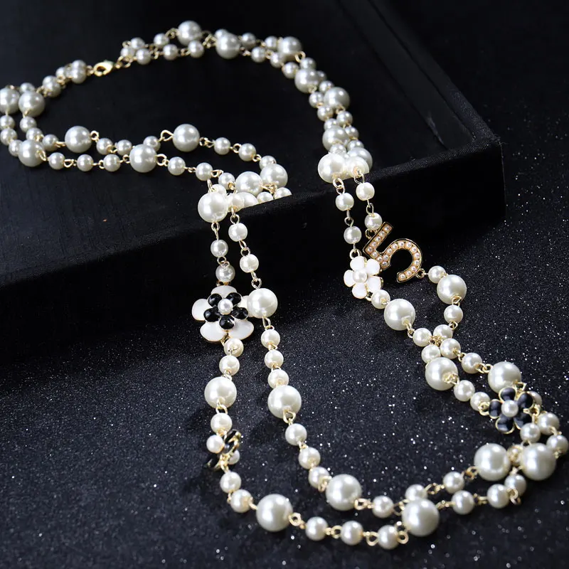 

High Quality Women Camellia Pearl Pendants Necklace Double Layers Long Chains Collares De Moda Number 5 Flower Party Jewelry