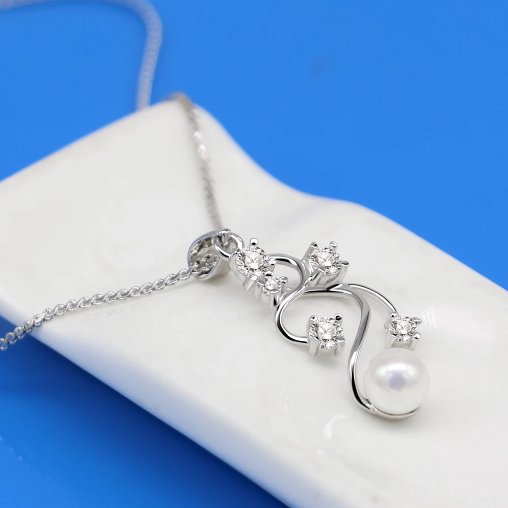 

New Elegant Women Zircon Pearl Pendant Necklaces 100% 925 Sterling Silver Flower Choker Chain 18 Inch Jewelry Gift