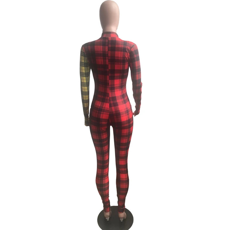 

ZOOEFFBB Plus Size Plaid Long Sleeve Zip Bodycon Jumpsuit for Women Spring Clothes One Piece Rompers Sexy Club Birthday Outfits