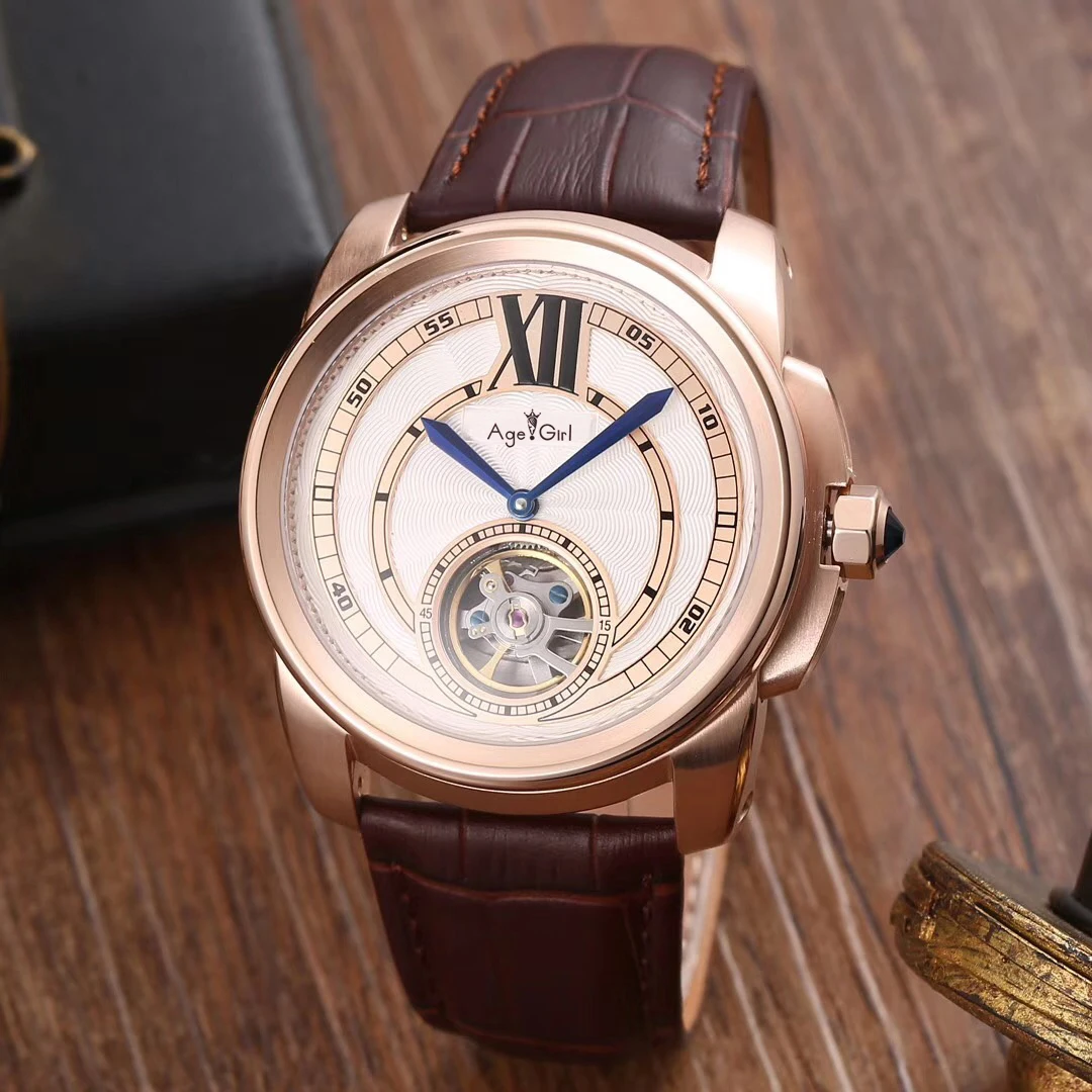 

Classic New Automatic Mechanical Men Tourbillion Silver Rose Gold Sapphire Black Brown Leather Transparent Rome Dial Watch