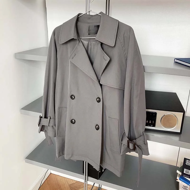 

Korean Style Chic Solid Safari Short Trench Double Breasted Slim with Belt Coat Women 2021 Spring Office Lady Elegant Jackets