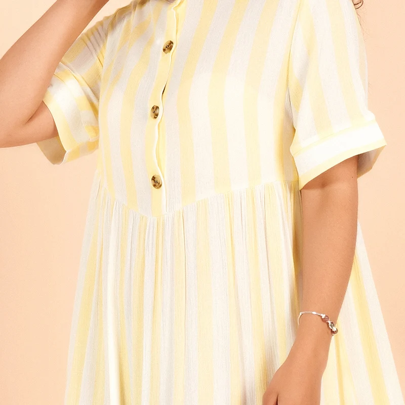 

2021 New Summer Midi Dress Women Yellow Lapel Half Sleeve Stripe Buttons Sweet Casual Loose Vestidos Clothing With Free Shipping