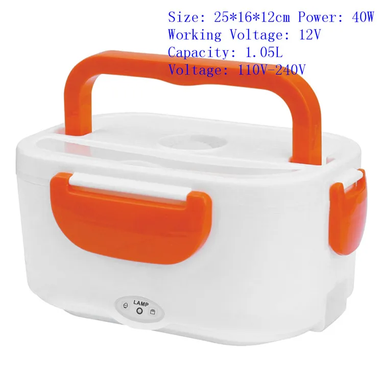 ABS 12V Orange Car 12 V-24 V 110V 220V с электрическим подогревом Коробки для обедов Портативный 2 в 1 автомобиля, дома и штепсельная вилка стандарта США/ЕС штекер Bento Коробки Нержавеющая сталь Еда контейнер - Цвет: ABS 12V Orange Car