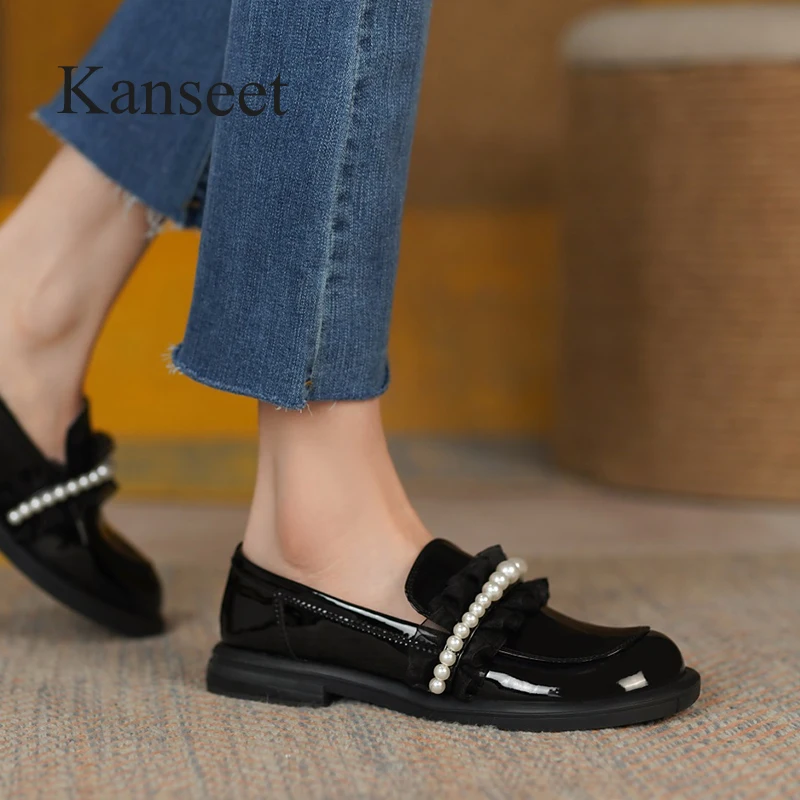 Kanseet Shoes 2021 Autumn New Women's Pumps Round Toe Pearls Decoration Cow Patent Leather 2.5cm Low Heels Ladies Footwear Black