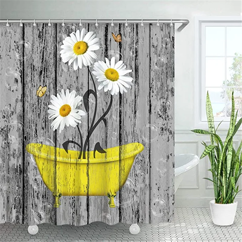 

Rustic Shower Curtain, Daisy Floral in Yellow Bathtub Grey Barnwood Fabric Bathroom Curtain with Hooks Old Wooden Board Country