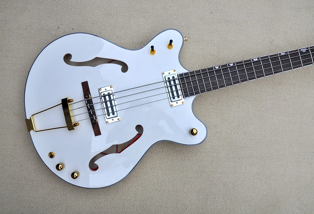 Semi Hollow 4 Strings White Body Electric Bass Guitar with Gold Hardware Provide Customized Service |