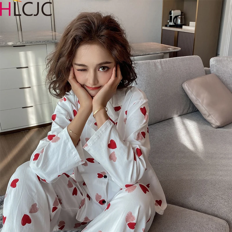 Женская пижама с длинными рукавами Хлопковая принтом сердечек повседневная