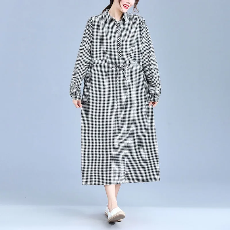 

Plus Size Women Casual Long Dress New 2020 Autumn Vintage Plaid Loose Comfortable Cotton Linen Female A-line Dresses P1301