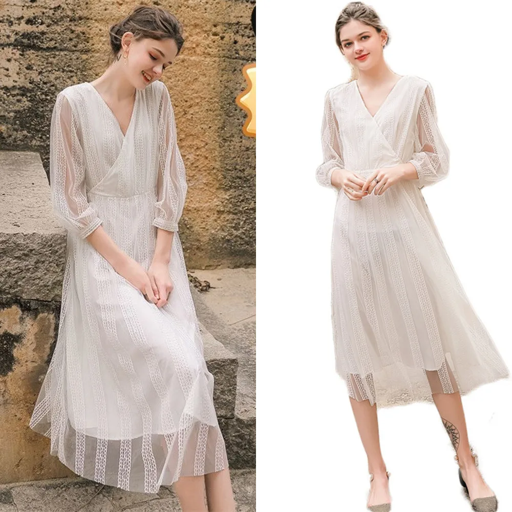 

Summer newSpring Fashion Women White Vintage V-Neck Dress Lace Patchwork Mesh A-Line Elegant Long Dresses Female Vestidos