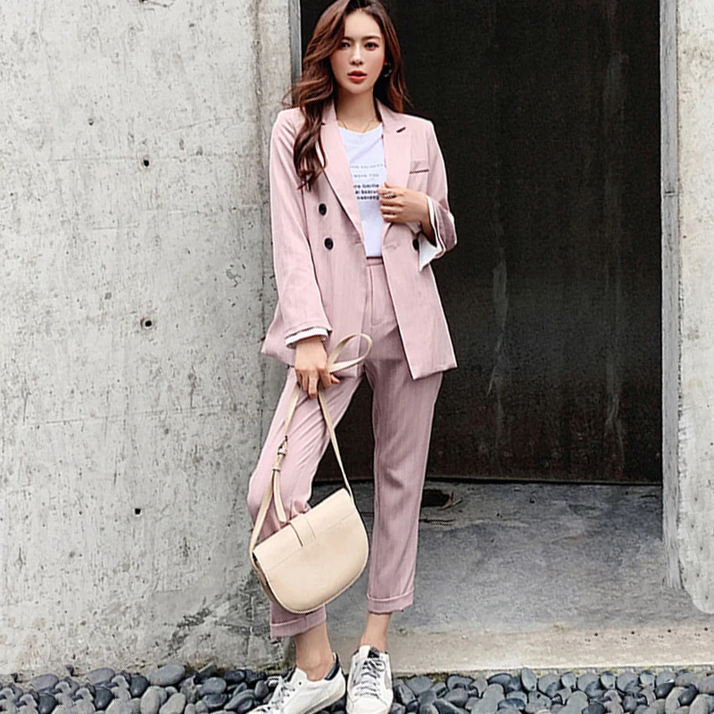 Женский двубортный костюм Mozuleva повседневный в полоску с длинным рукавом и