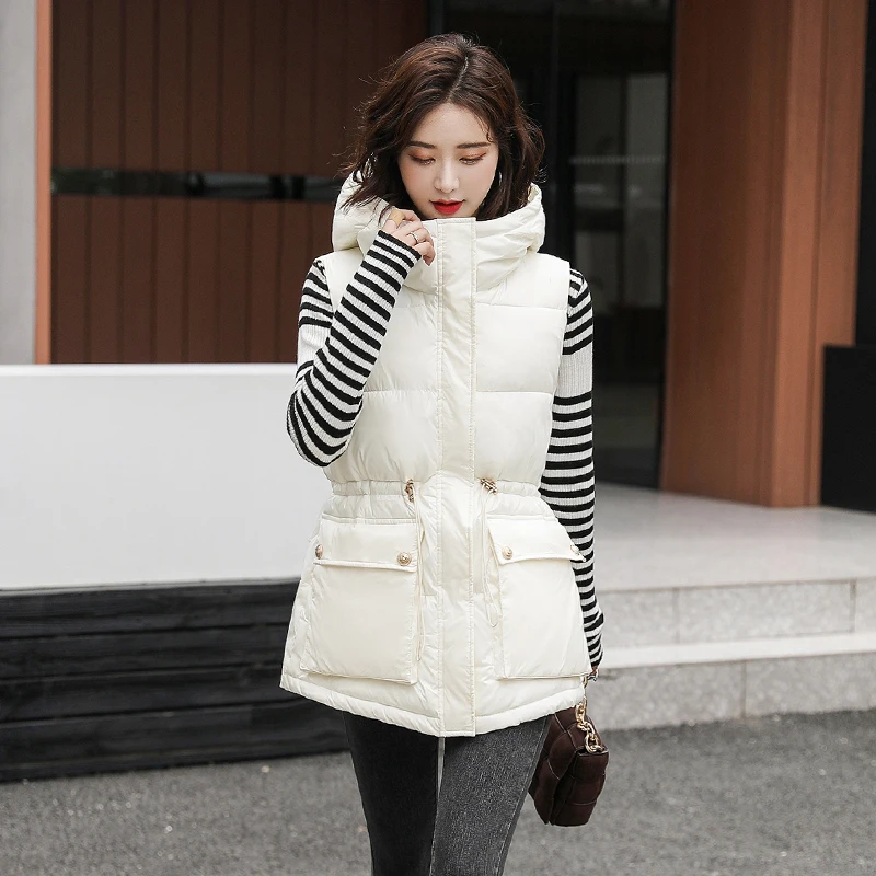 

Women's Slim Winter Vests Hooded Solid Cotton Padded Ladies Casual Sleeveless Jacket Pockets Autumn Fashion Waistcoat for Female