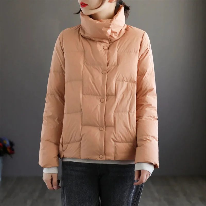 Winter Jacket White Duck Down Cotton Coat Women's Short Korean Version Loose Wild Fashion Retro Stand Collar Jacket Lightweight