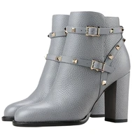 round toe ankle rivet boots buckle strap leather chunky heel basic casual metal buckles fashion boots new arrivals women winter