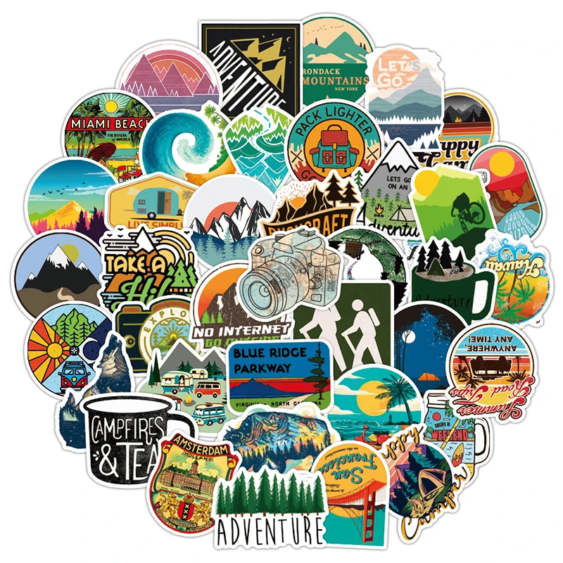 

50pcs Waterproof Outdoor Wild Summer Travel Stickers Trolley Skateboard Suitcase Fresh Adventure Sticker DIY Camping Graffiti
