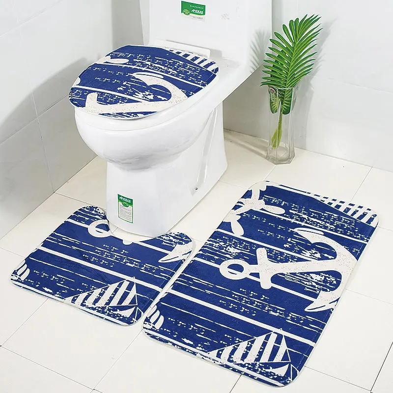 

Non-Slip Flannel Bathroom Carpet Three-Piece Toilet Floor Mat Set with Retro Wood Door Printing Toilet Cover And Floor Rugs