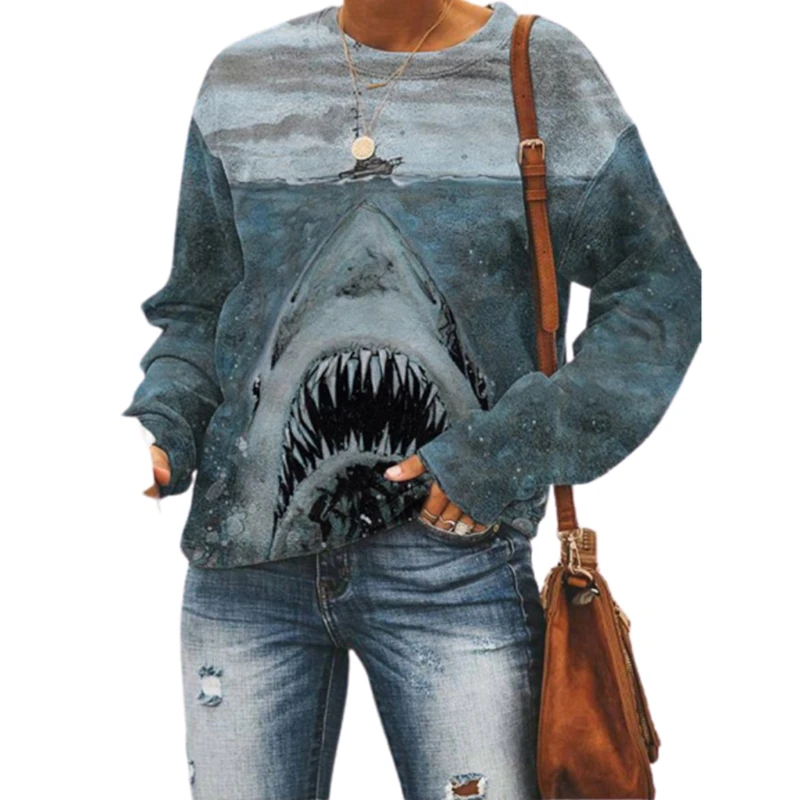 

Women Long Sleeve O-Neck Sweatshirt Contrast Color Sea Shark Print Loose Tops D08E