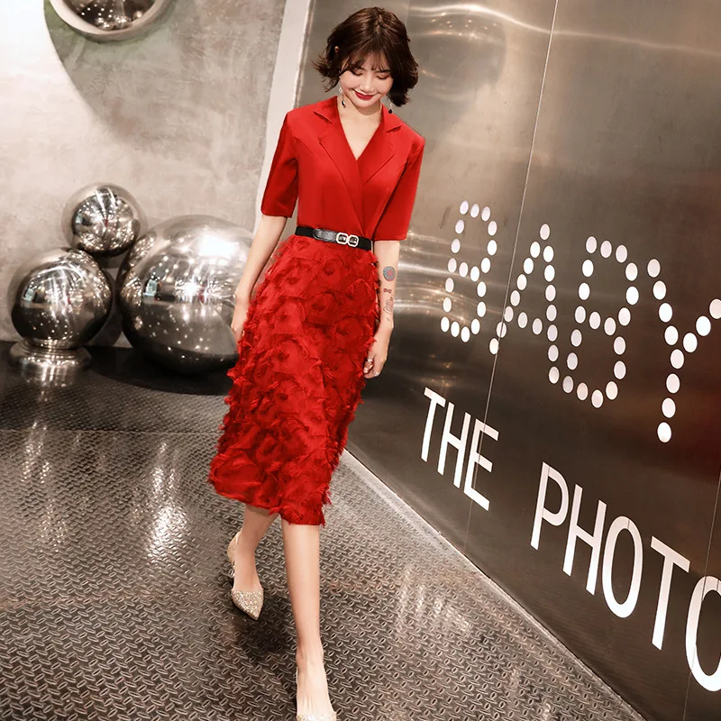 

Spring New Lady V-Neck Banquet Evening Dresses Elegant Wedding Party Guest Dress A-Line Skirt Lace Feather Gown Robe De Soiree