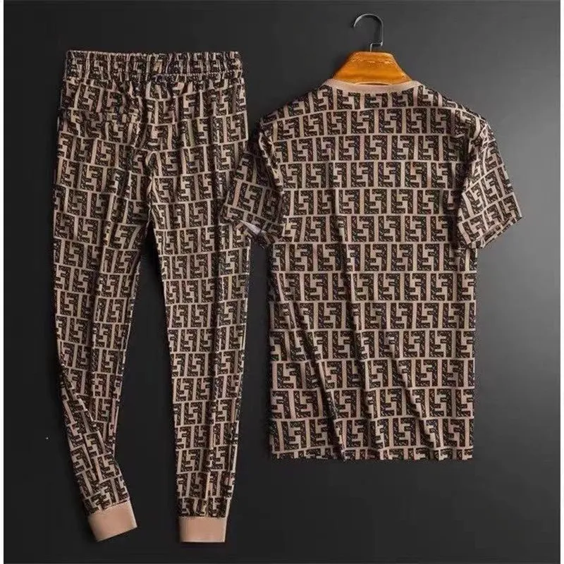 

2021 Summer Men's New Style Ice Silk Short-Sleeved T-Shirt + Pants 2-Piece Casual Suit Men's Fashion Sportswear Two-Piece Suit