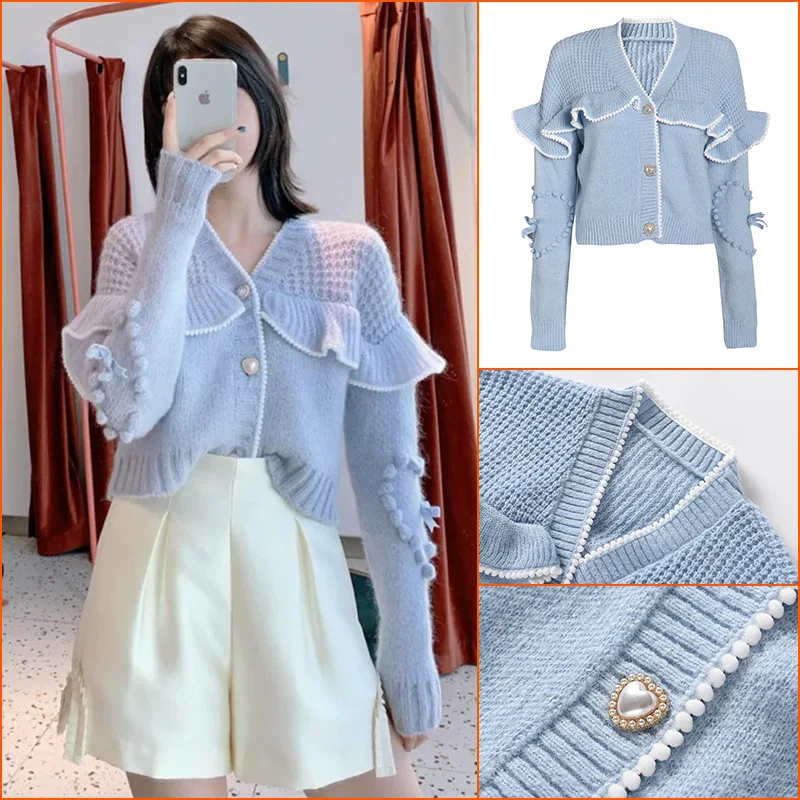 

Осень-зима 2021, новинка, вязаный кардиган с V-образным вырезом, короткий мягкий восковой свитер карамельных цветов, Джокер, Женское пальто.